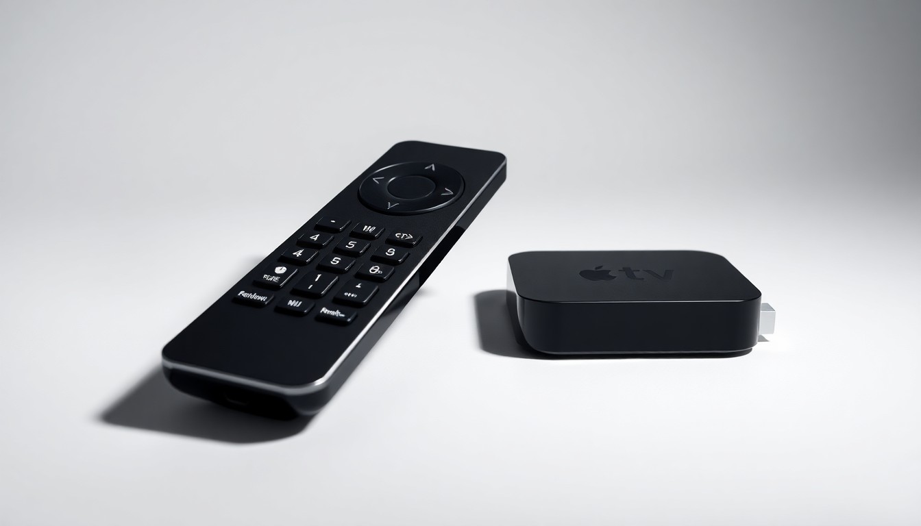 A minimalist studio still life photograph featuring a sleek television remote control and streaming media device, symbolizing the evolving landscape of live sports broadcasting.