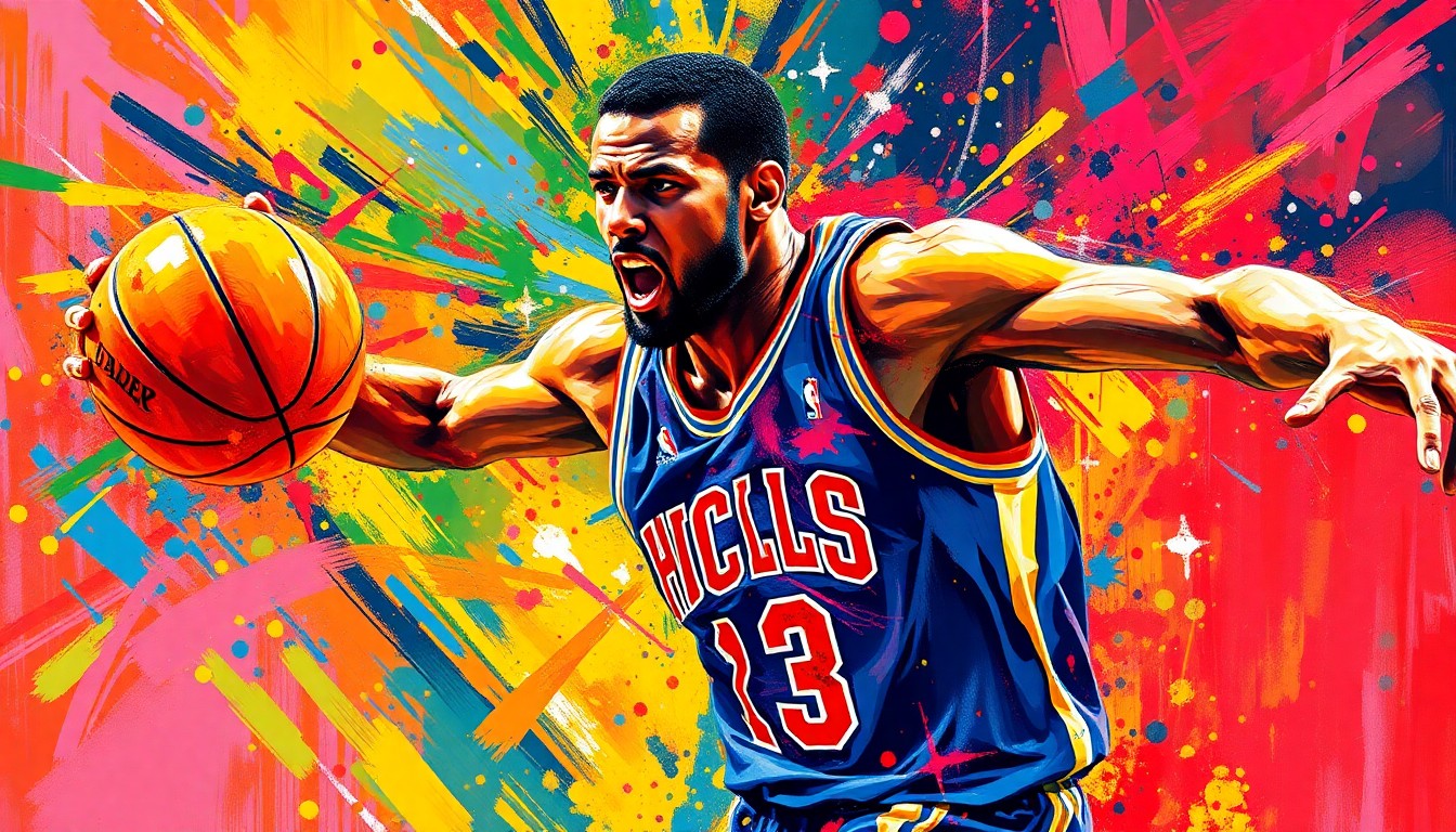 An abstract, expressionist painting in vibrant neon colors, featuring the dynamic movements and energy of a basketball player, with their face and jersey dissolved into unrecognizable splatters of paint, conceptually representing the raw athleticism and emotion of the sport.