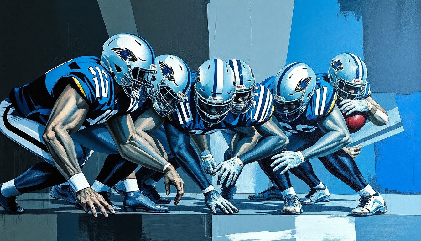 A cubist, geometric painting depicting the fragmented forms of football players on an offensive line, with sharp angles and overlapping planes in shades of blue, silver, and black, conveying the strategic complexity of building an elite offensive front.