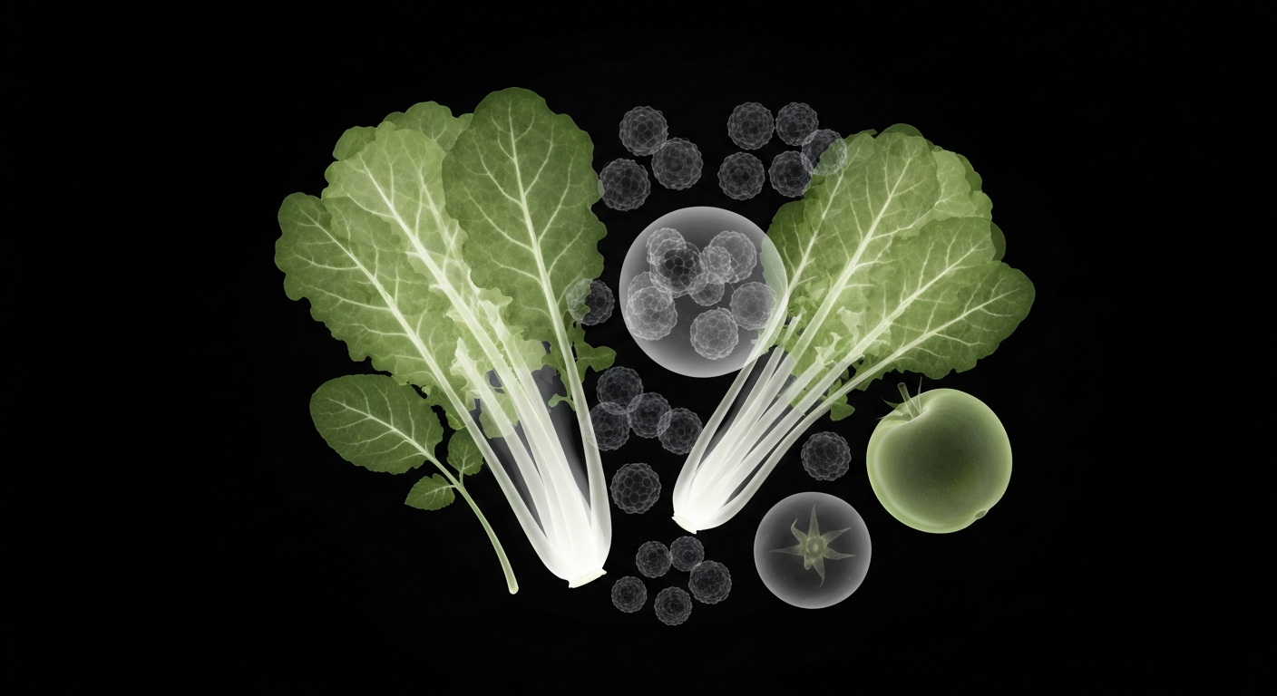 A translucent X-ray photograph showing the internal structures of various fruits and vegetables, representing the hidden contamination of PFAS chemicals in the food supply.