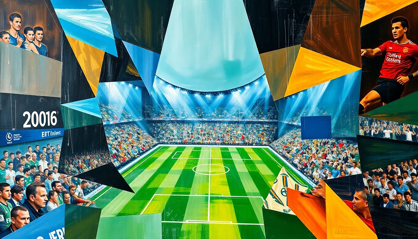 Gambaran geometris pertandingan sepak bola Liga Champions, dengan pemain dan lapangan terdeskripsi dalam bentuk-bentuk berpotongan dan warna yang cerah.