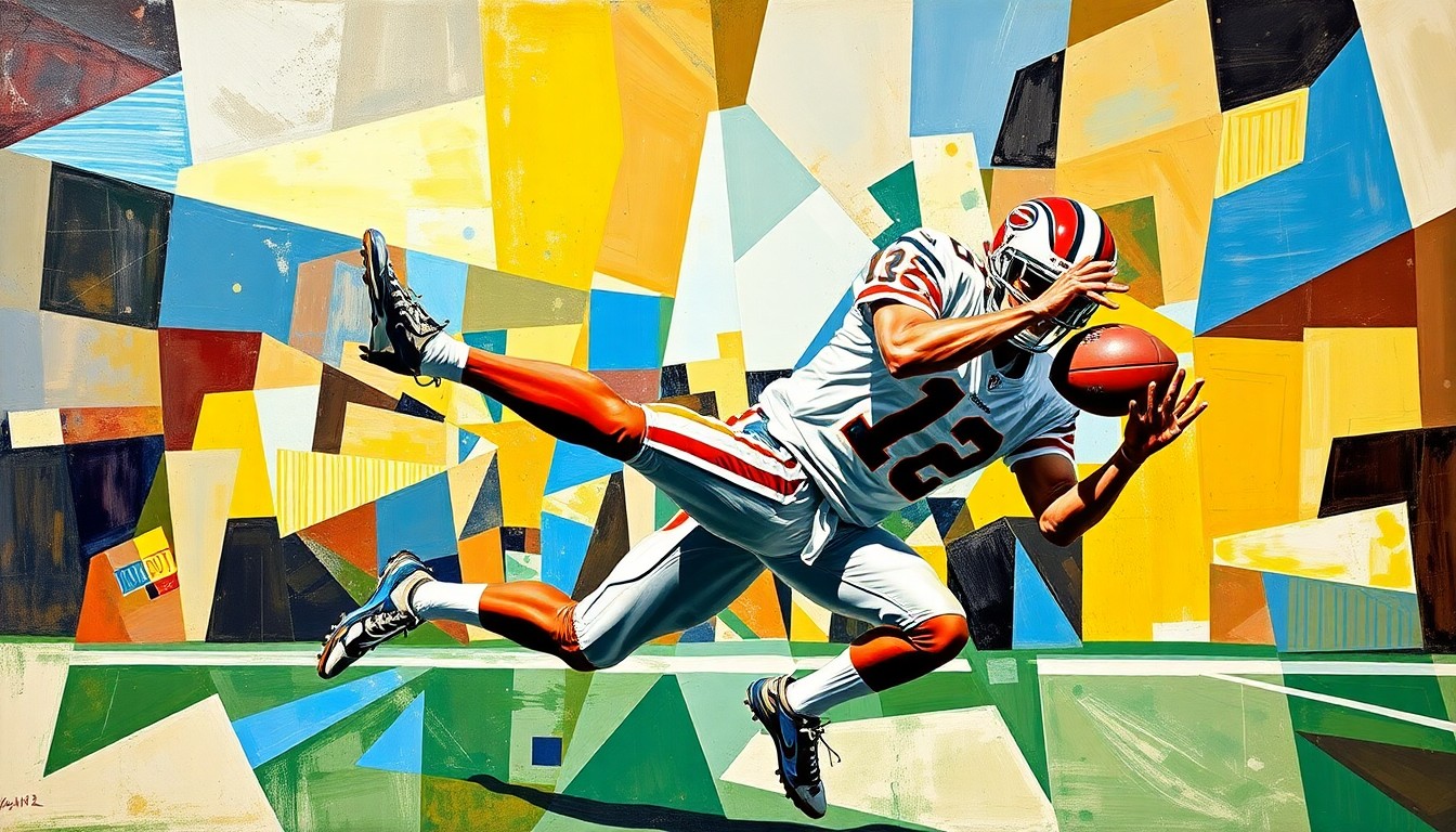 A fragmented, geometric painting depicting a football player in mid-catch, their body and the ball broken down into sharp, overlapping planes of color and form.