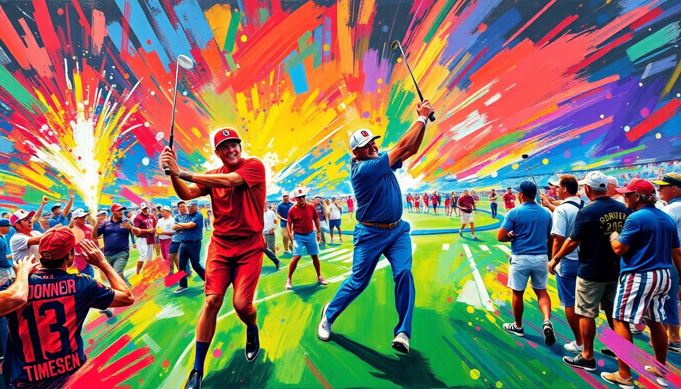 A vibrant, energetic painting in the style of LeRoy Neiman, featuring bold, expressive brushstrokes and neon colors that capture the excitement and energy of a high-profile charity golf tournament featuring a diverse array of sports legends and celebrities.