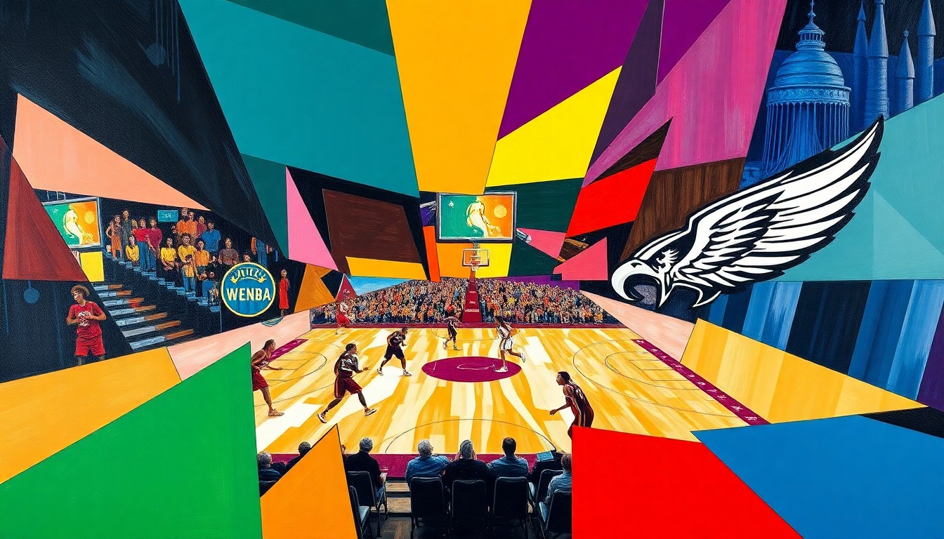 A cubist-style painting depicting a WNBA game or match, with the players and court broken down into sharp, overlapping geometric shapes in a vibrant color palette representing the official team colors of several WNBA franchises.