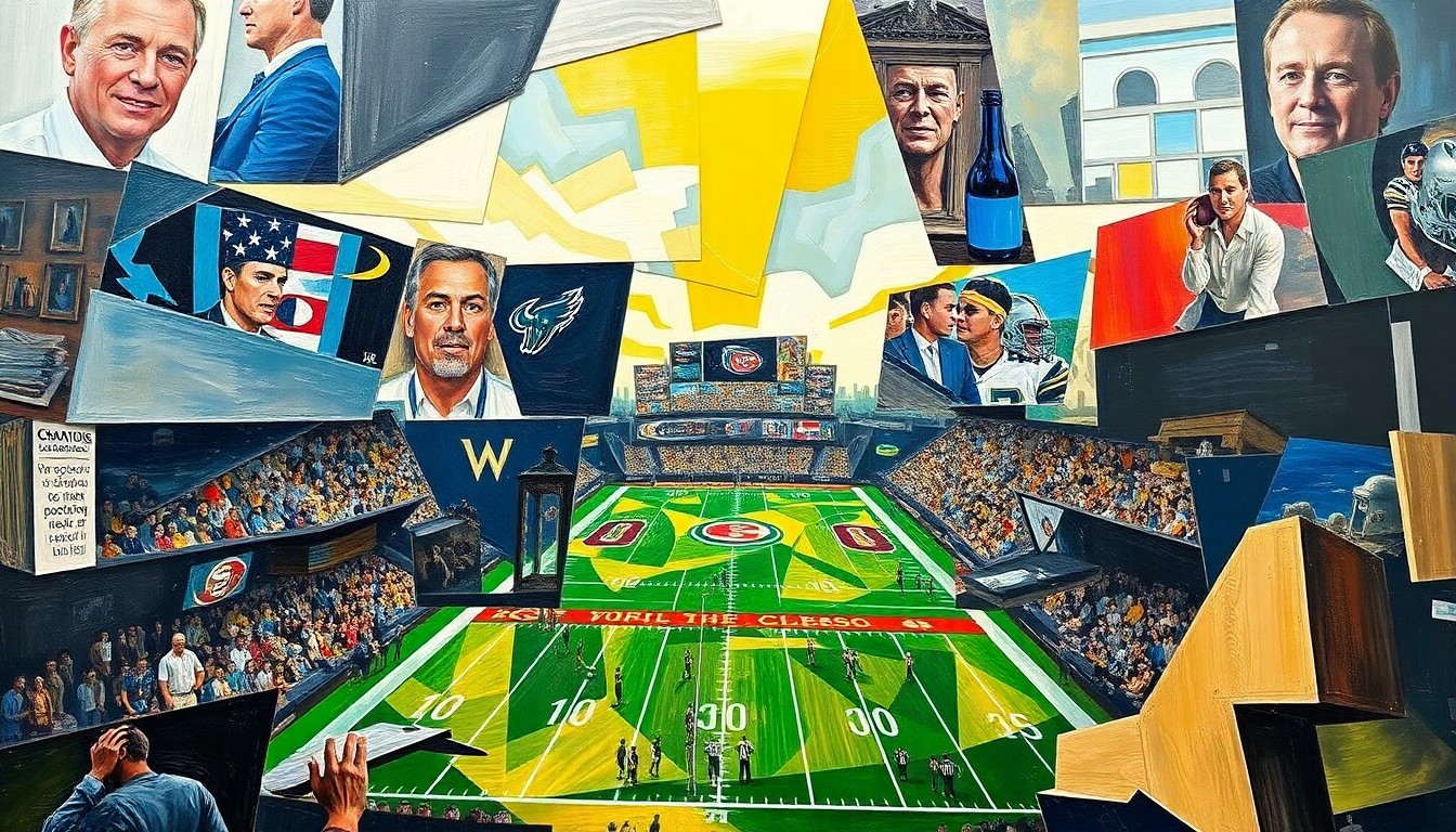 A cubist, geometric painting depicting a fragmented, multi-angled view of a college football championship game, with sharp, overlapping planes of color and form.