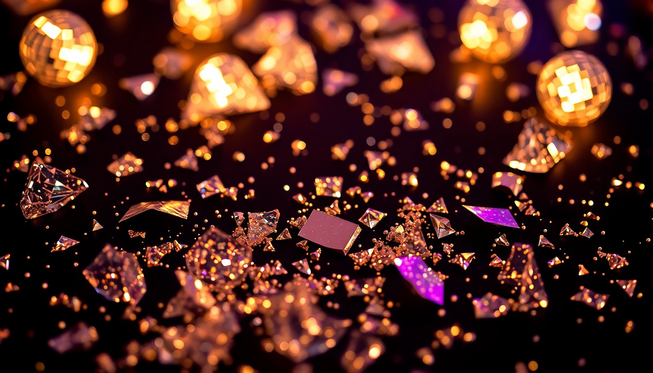 An extreme close-up photograph of shattered, glittering disco ball fragments scattered across a dark, shadowy surface, conveying the high-energy, celebratory mood of a collaborative summer music release.