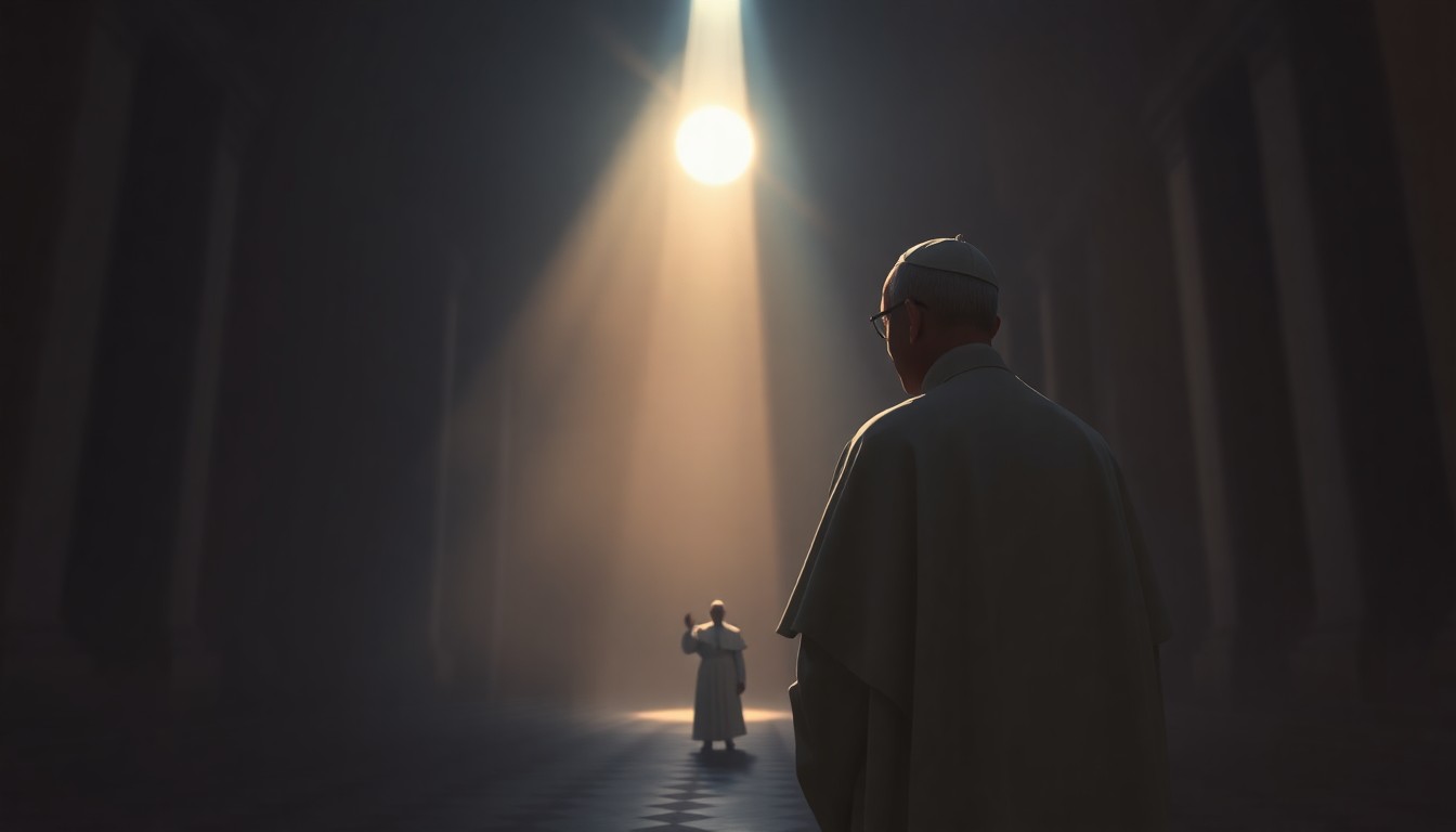 A cinematic painting of an elderly man in a white robe standing alone in a dimly lit, cavernous church, his face illuminated by a single beam of warm, diagonal sunlight, conveying a sense of solemnity and contemplation.