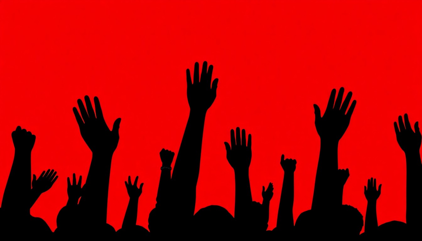 A striking black silhouette of a crowd of people with their arms raised, set against a bright red background, conceptually representing the disruption and chaos caused by the severe winds at Coachella 2026.