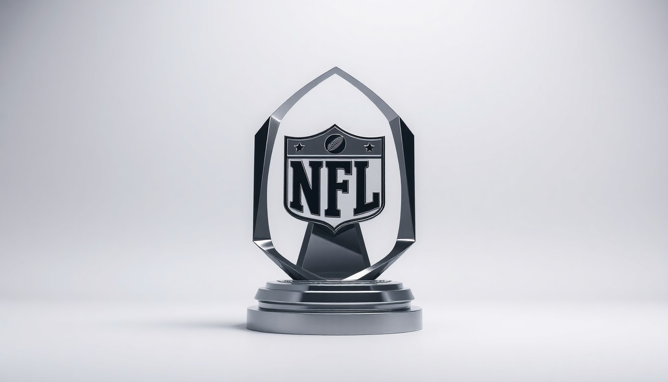 A highly detailed, photorealistic studio photograph of a sleek, metallic trophy or award sitting alone on a plain, monochromatic background, conveying the NFL's commanding presence and influence over the entertainment industry.