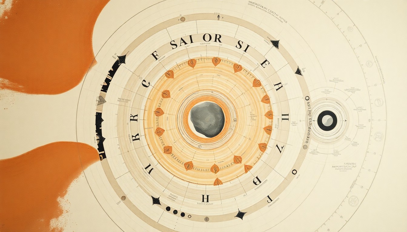 A highly structured abstract painting in soft blues, greens, and grays, featuring sweeping geometric arcs, concentric circles, and precise spiral patterns, conceptually representing the complex technical process of capturing and relocating an asteroid for resource extraction.