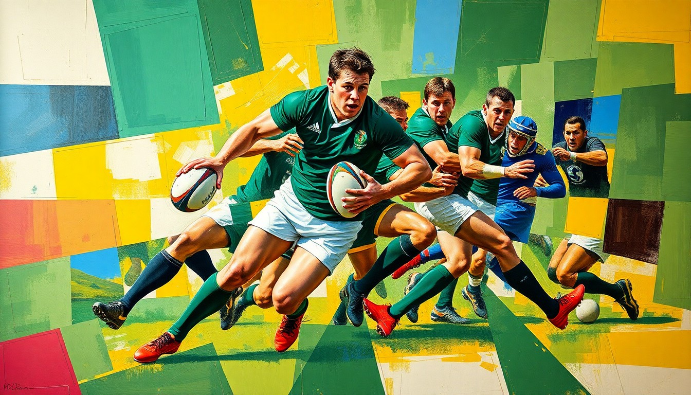 A cubist, geometric painting depicting the dynamic movements and tackles of a rugby scrum-half, with sharp, overlapping planes of vibrant colors representing the player's physicality and unpredictability on the field.