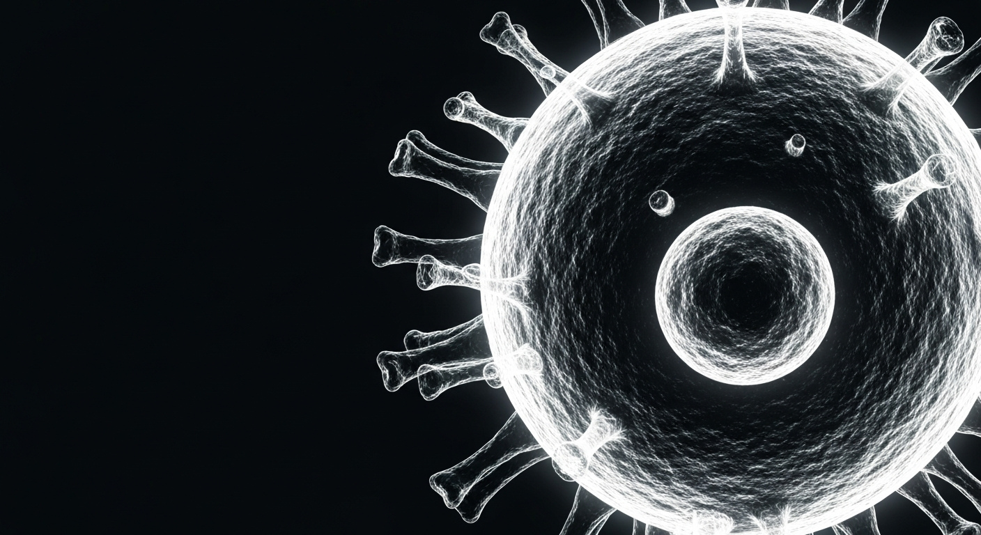 A detailed, ghostly X-ray image of the measles virus, its translucent skeletal structure glowing against a dark background, conveying the clinical and scientific nature of this health issue.