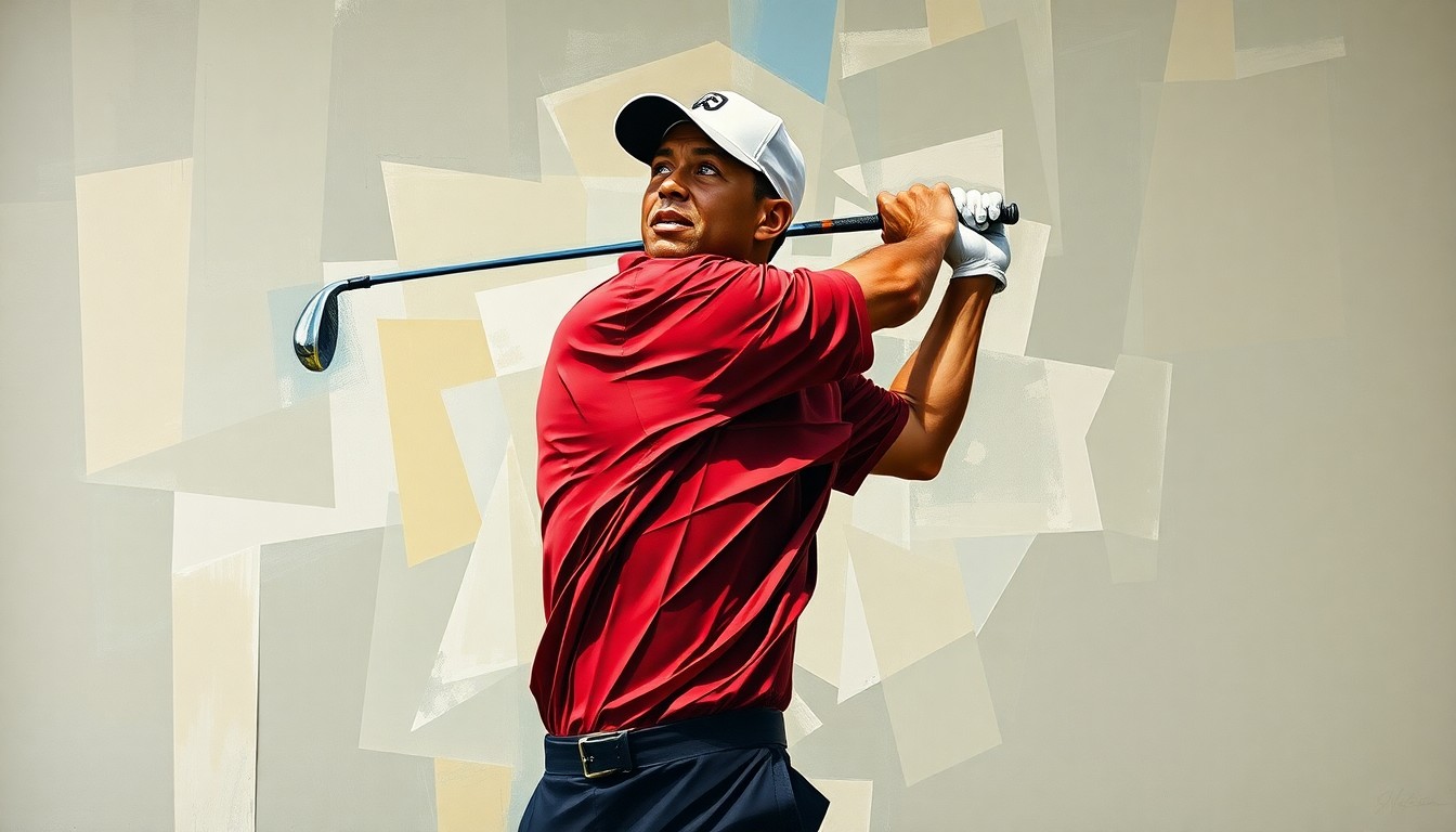A cubist painting depicting Tiger Woods' golf swing broken down into sharp, overlapping geometric shapes and planes, conveying the complex and fragmented nature of his personal challenges.
