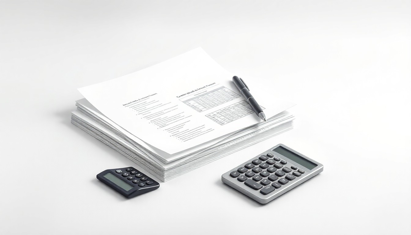A high-end, photorealistic studio still life featuring a stack of financial documents, a pen, and a calculator arranged elegantly on a clean, monochromatic background, symbolizing the abstract concepts of corporate strategy, finance, and risk.