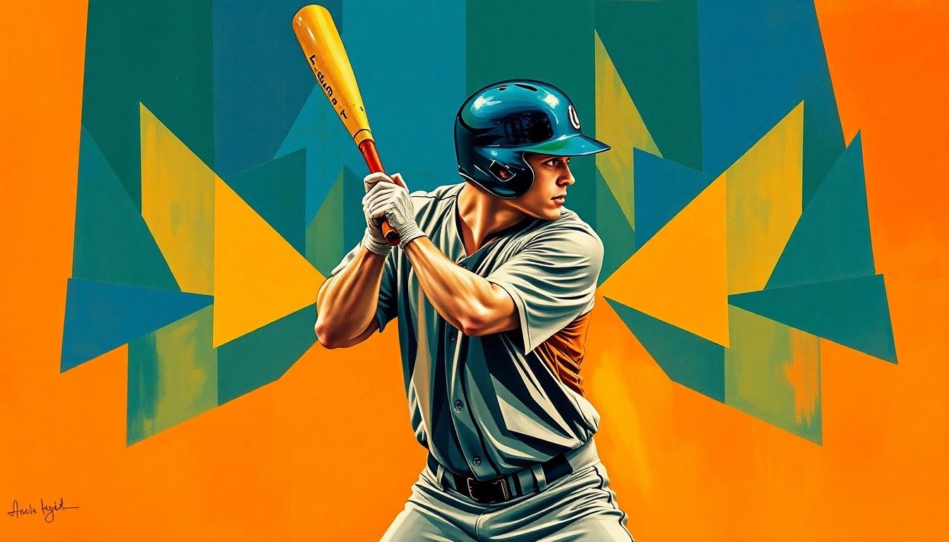 A cubist, geometric painting depicting a baseball player's batting stance broken down into sharp, overlapping planes of color, conveying the strategic shift in training focus from pure strength to mobility and flexibility.