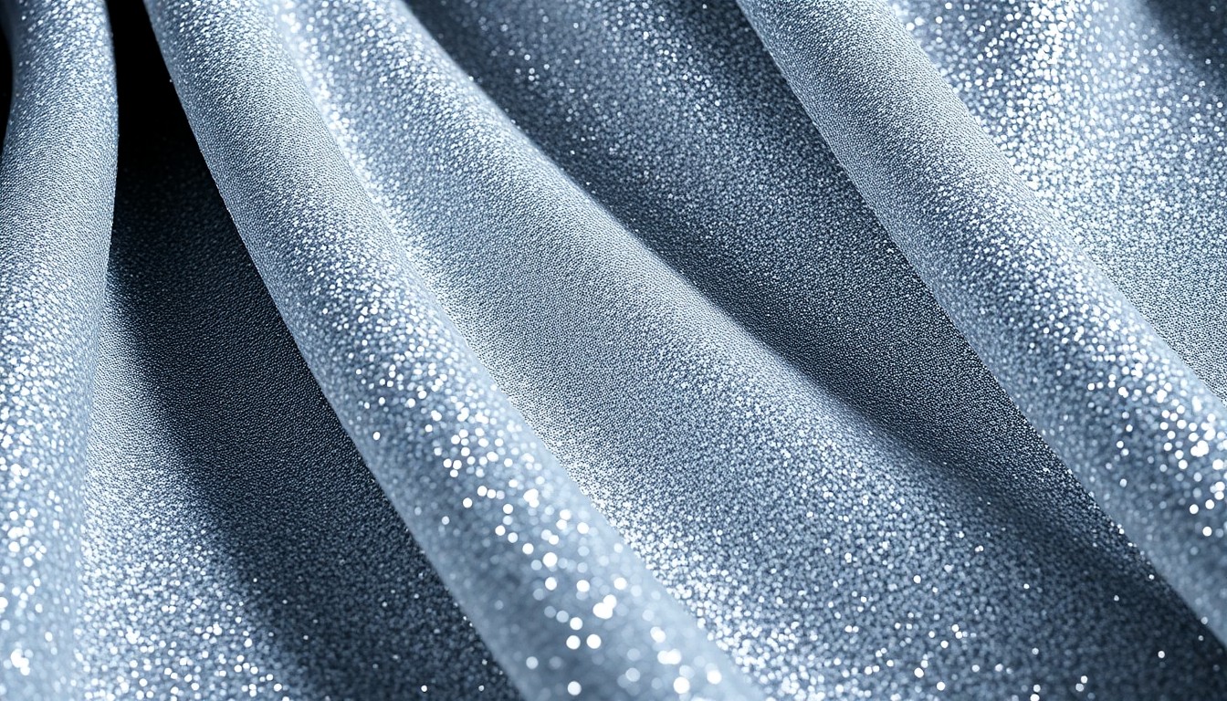 An extreme close-up of a shimmering, textured fabric in a silver-grey color palette, capturing the luxurious and glamorous aesthetic of a high-profile awards show red carpet.