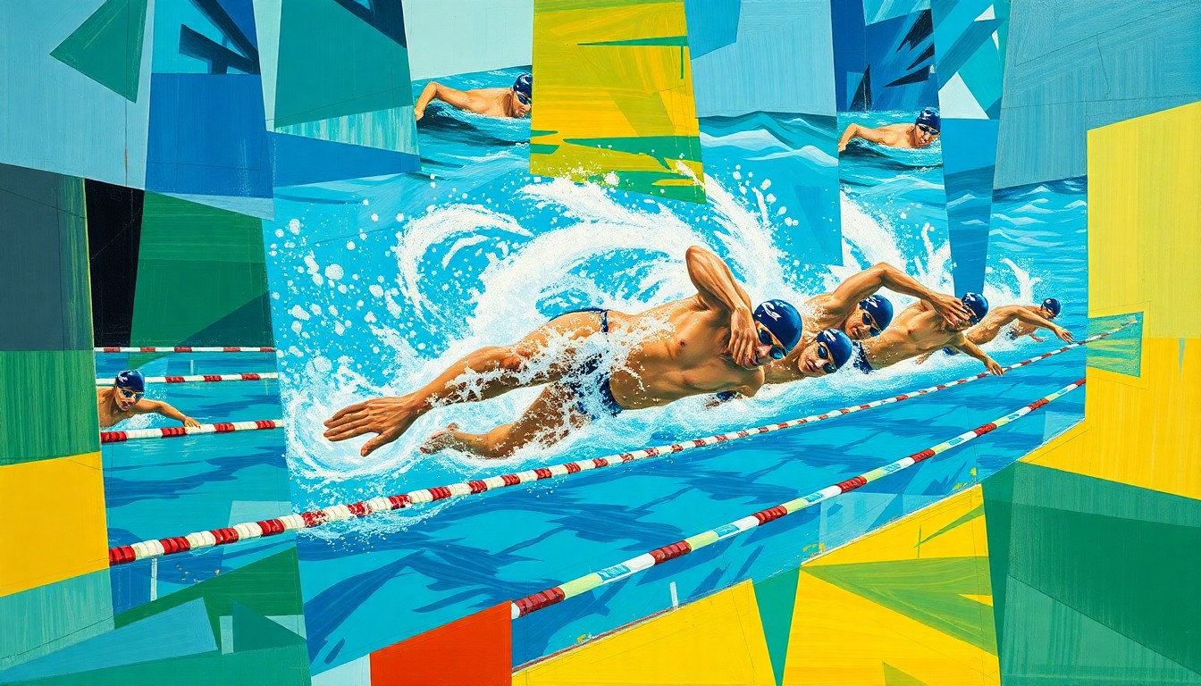 A cubist, geometric painting depicting a swimming competition, with overlapping planes of color and movement, capturing the energy and dynamism of the event.