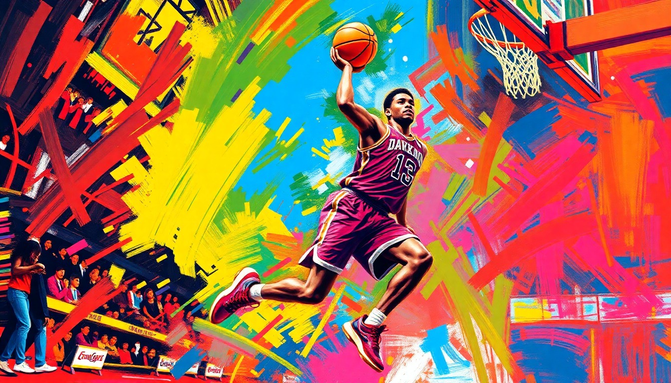 An abstract, energetic painting featuring bold brushstrokes and neon colors that evoke the dynamic movement and intensity of a basketball player in action.