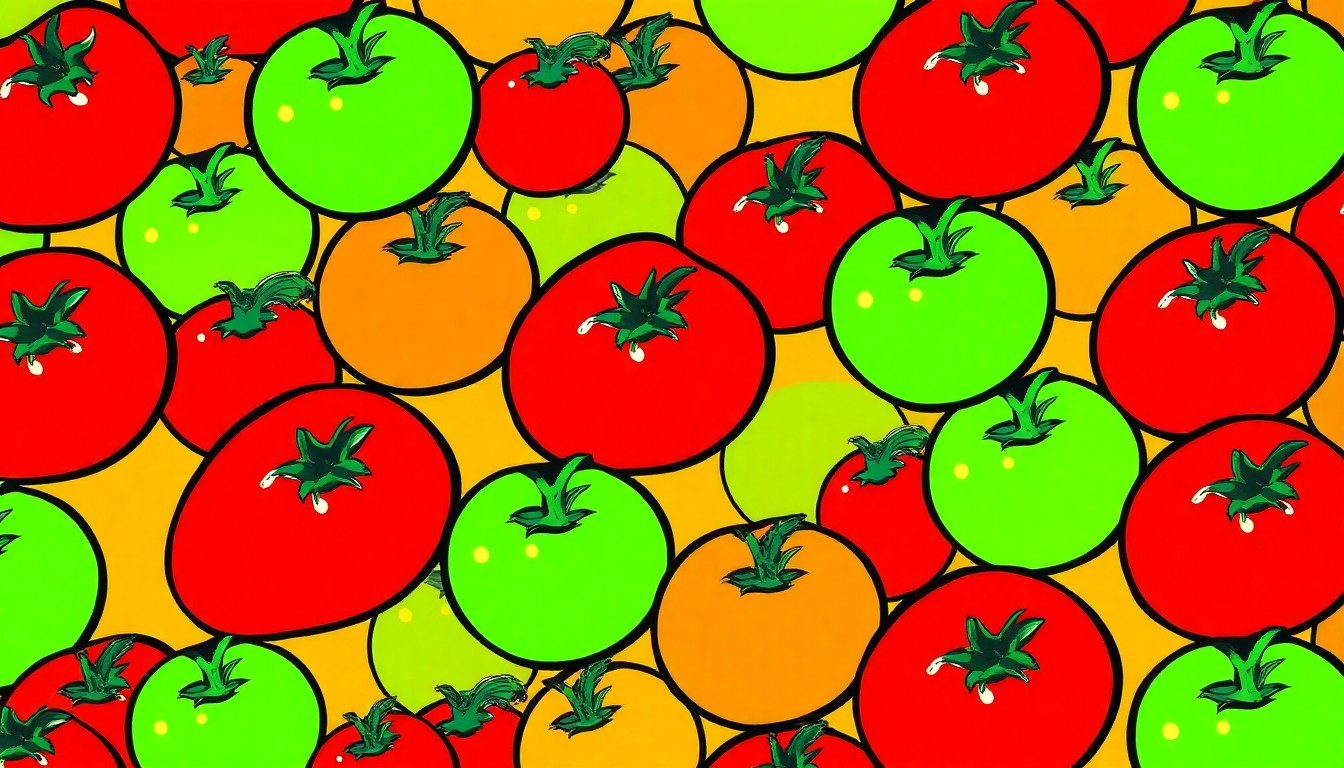 A highly stylized, silkscreen-inspired illustration featuring a repeating grid of a single fresh produce item, such as an apple or tomato, rendered in a bold, neon color palette with heavy black outlines, creating a vibrant, modern pop art composition that conceptually represents the opening of a new neighborhood grocery store.