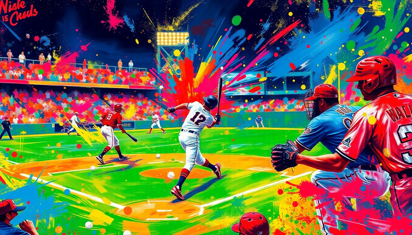 An abstract, expressionist painting in neon colors capturing the dynamic energy and movement of a baseball game, with players and equipment blending into vibrant brushstrokes.