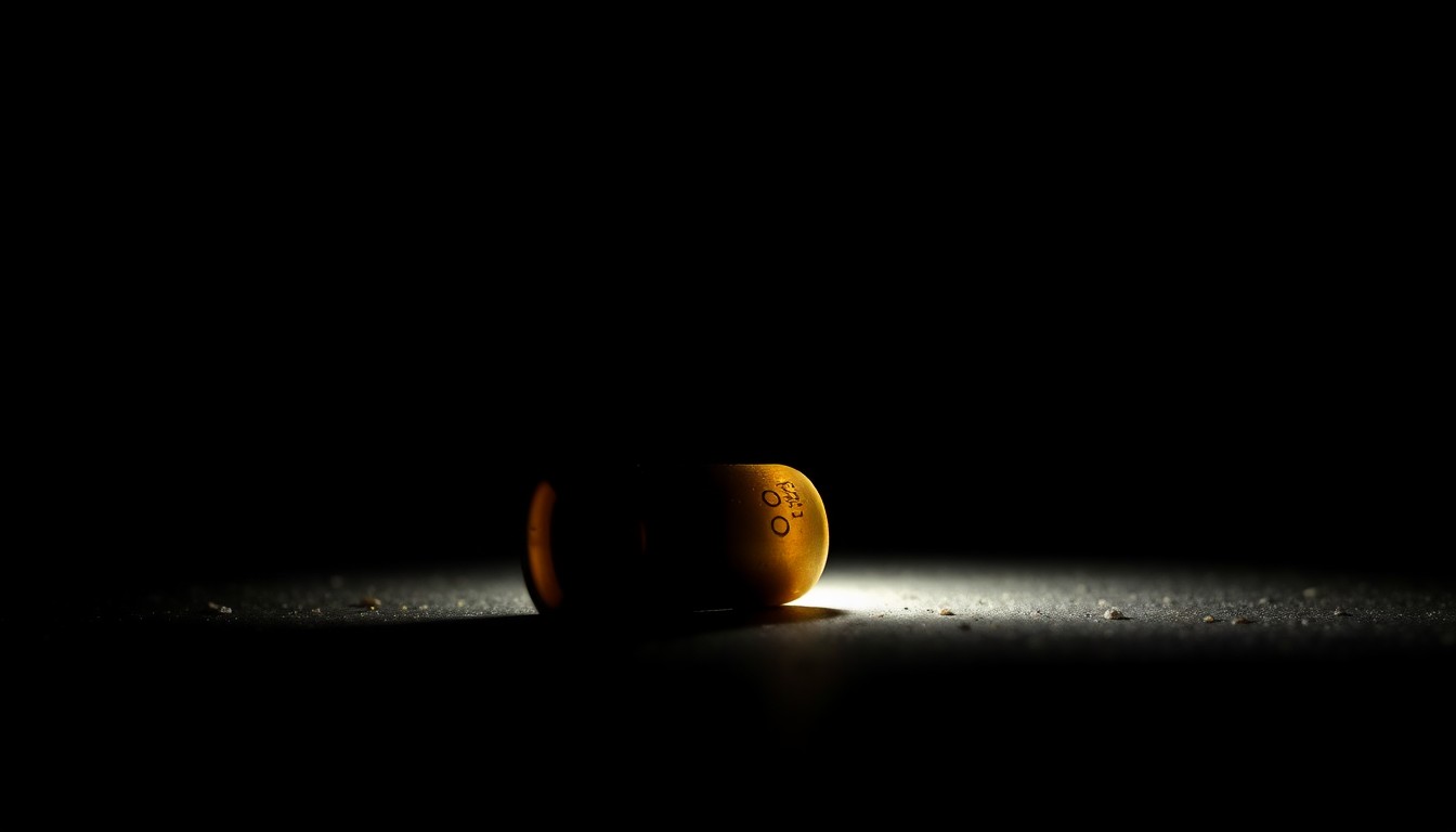 An extreme close-up photograph of a handgun shell casing on the ground, the metallic surface reflecting the harsh light and creating a dramatic, moody atmosphere that evokes the gravity of the situation.