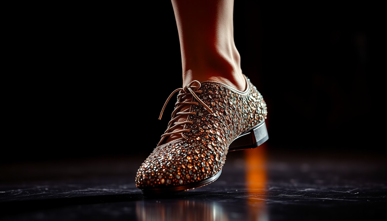 An extreme close-up of a dancer's foot in a glittering, sequined tap shoe, capturing the luxurious textures and dramatic lighting of a professional performance.