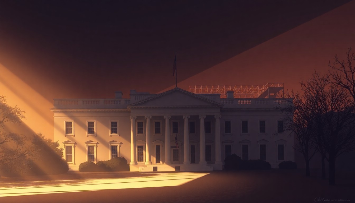 A serene, nostalgic painting depicting the iconic White House East Wing in warm, golden light, with the outline of the new ballroom construction visible in the background, conceptually illustrating the tension between preserving historical architecture and enabling modern renovations.