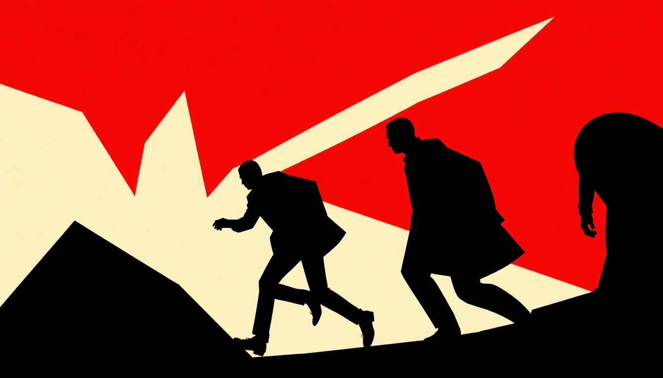 An abstract, minimalist composition of jagged, geometric shapes in stark black, red, and white, conceptually representing the psychological themes of 'mania panic' and the feeling of being pursued by unseen forces.