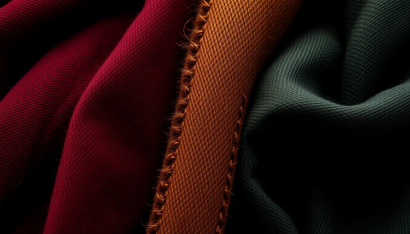 An extreme close-up photograph showcasing the rich, luxurious textures of fabrics in deep, earthy tones, conceptually representing the artisanal craftsmanship and cultural heritage of Indigenous fashion design.