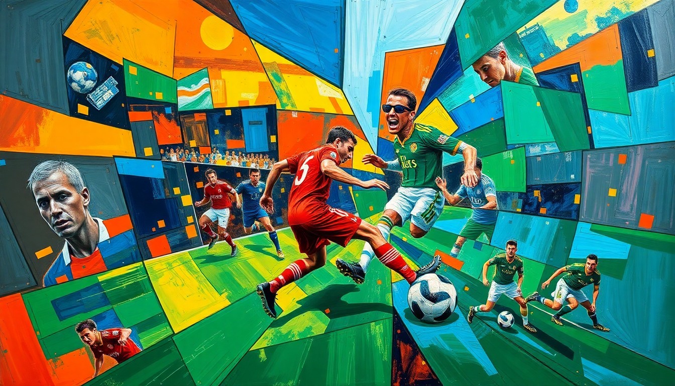 A fractured, cubist-style painting depicting the dynamic movements of a soccer player, with sharp geometric shapes and vibrant colors representing the unpredictable nature of their play.