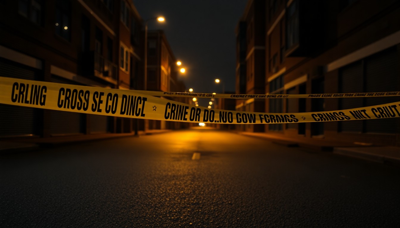 An extreme close-up photograph of yellow and black police crime scene tape stretched across an empty urban street at night, the harsh lighting of the camera flash creating dramatic shadows and textures that conceptually illustrate the disruptive impact of a sudden law enforcement incident on a local community.