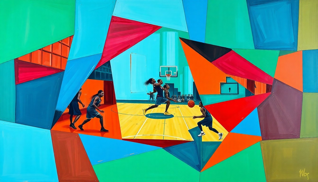 A cubist, geometric painting depicting a fragmented WNBA basketball game, with overlapping planes of color representing the dynamic action on the court.