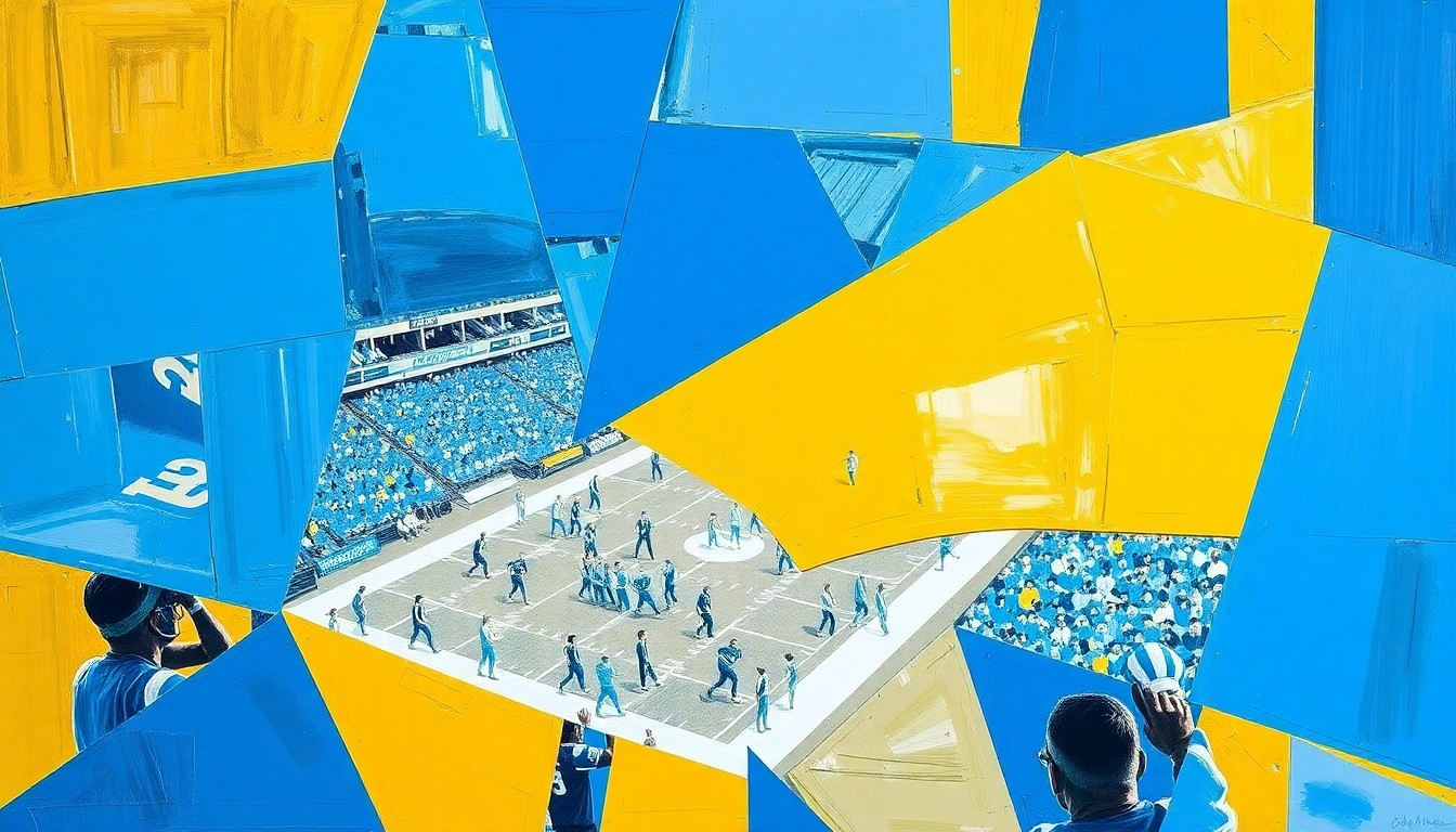 A fragmented, geometric painting depicting overlapping planes of UCLA football players in action, rendered in the cubist style with bold blue and gold colors.