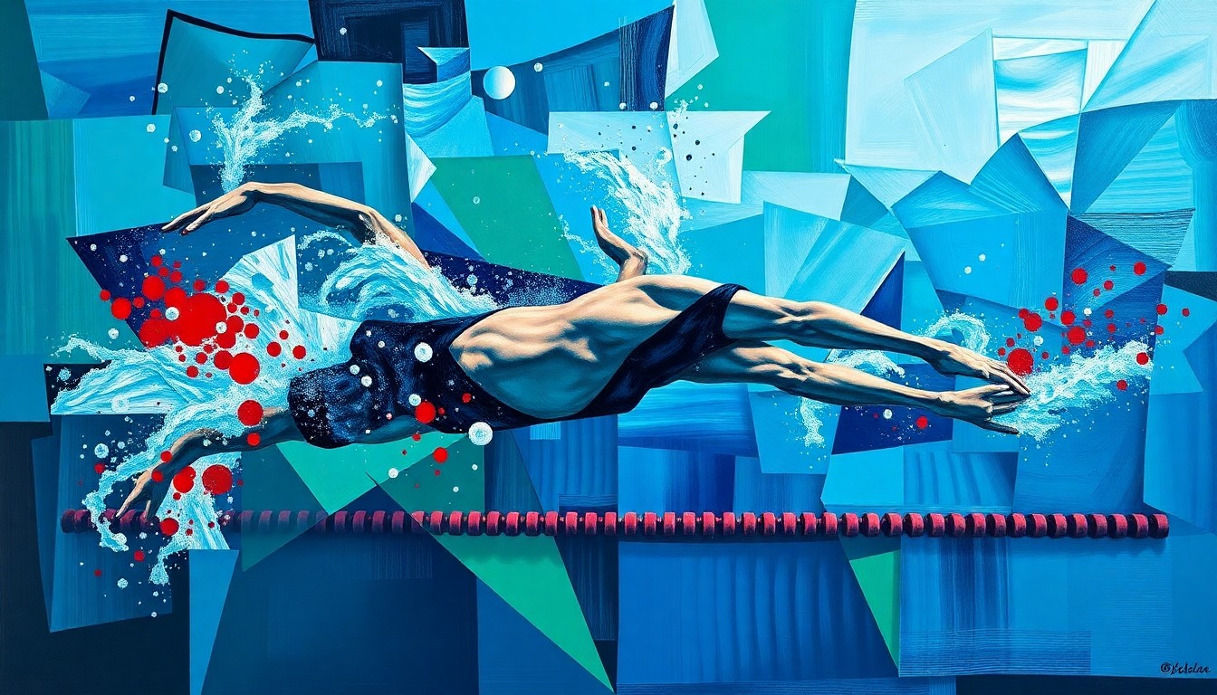 A cubist, geometric painting depicting a fragmented swimming competition, with overlapping planes of deep blues, greens, and splashes of red, conveying the dynamic and multifaceted nature of Kharun's decision to switch national teams.