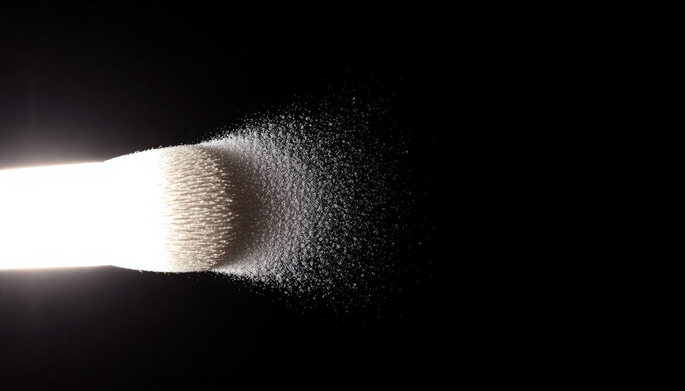 An extreme close-up photograph of a fingerprint powder brush against a pitch-black background, lit by a harsh, direct camera flash, conceptually representing the investigative work of a crime lab.