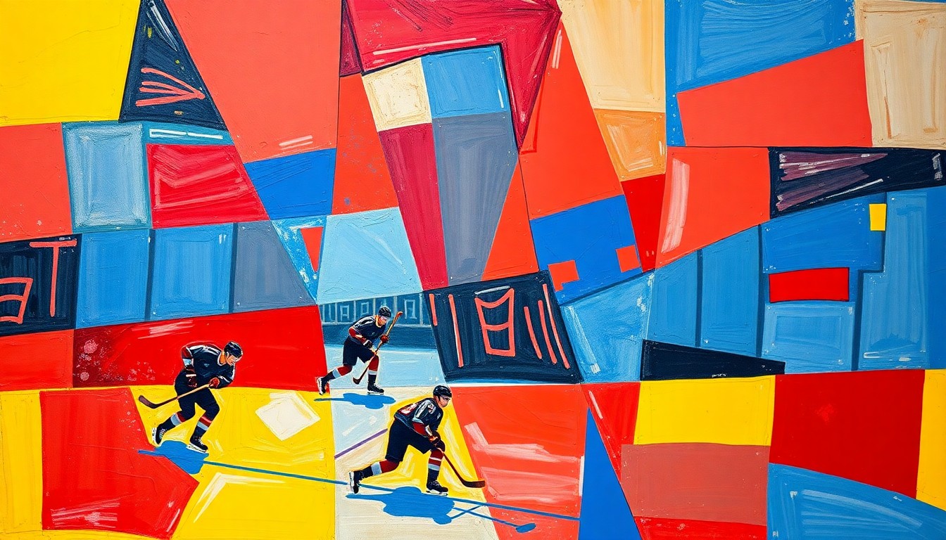 A cubist, geometric painting depicting a women's hockey game, with the players and arena broken down into sharp, overlapping planes of color, capturing the dynamic energy of the sport.