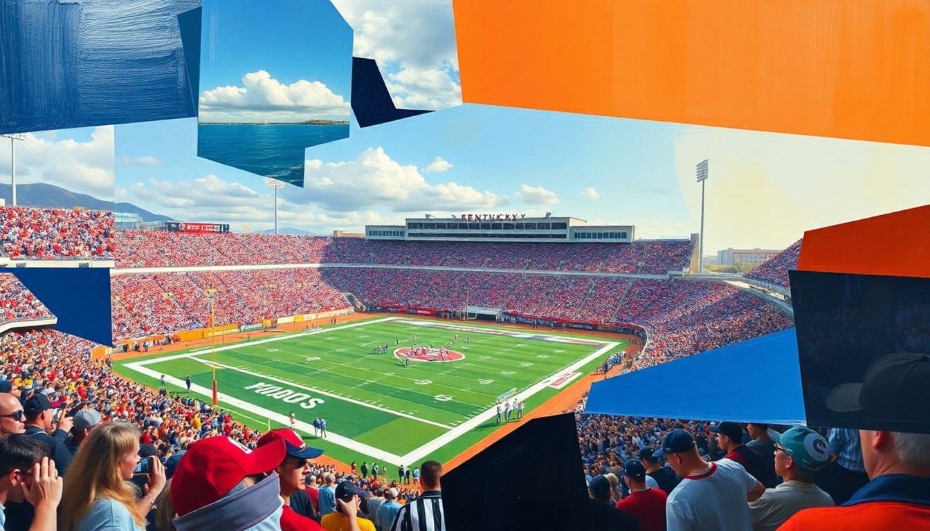 A cubist, geometric painting depicting a Western Kentucky football game, with fragmented and overlapping shapes representing players, the field, and the stadium.