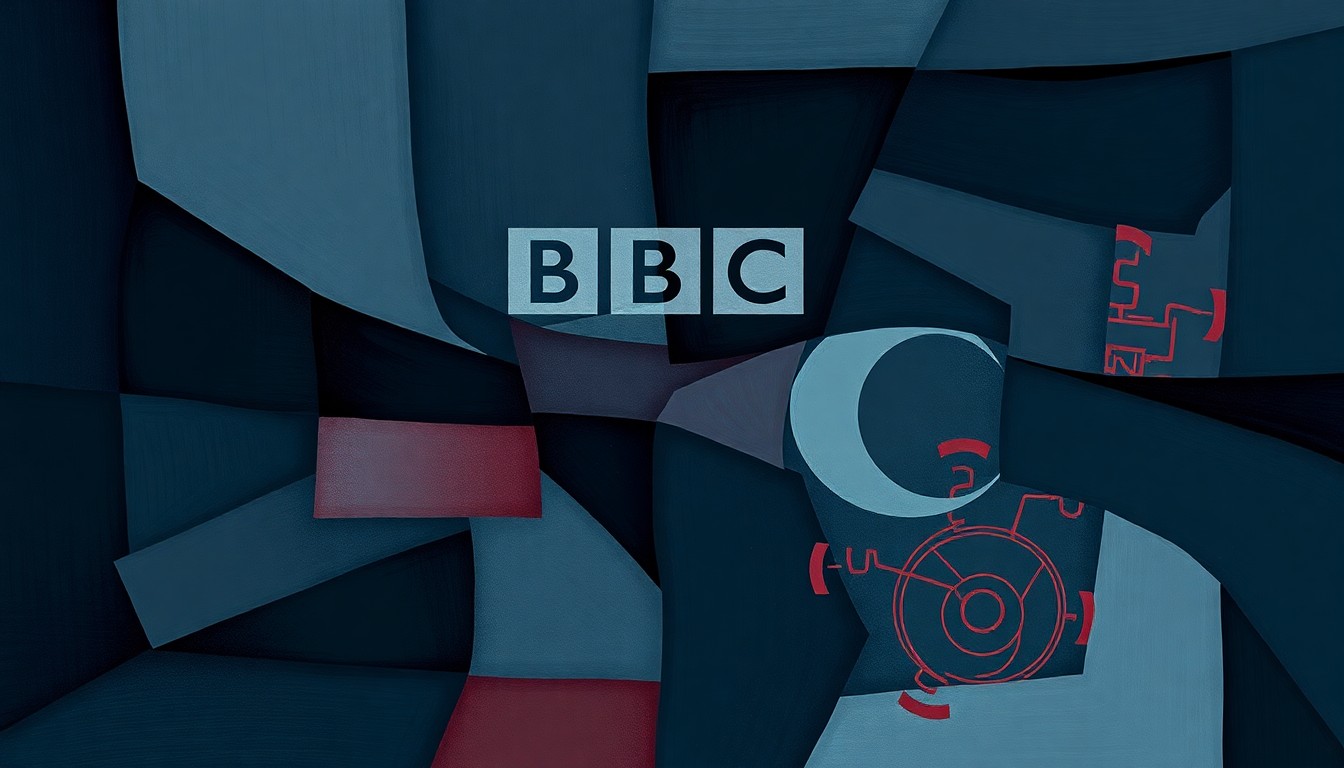 A highly stylized, fragmented painting depicting a television set or BBC logo in shades of blue, grey, and red, conveying the chaotic and divisive nature of the debate surrounding the BBC licence fee.