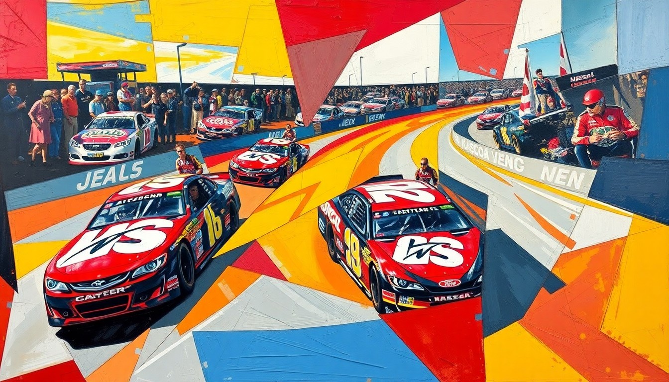 A fragmented, geometric painting depicting a NASCAR race scene, with cars and drivers represented as angular, overlapping forms in a vibrant color palette, capturing the raw energy and competitive spirit of the sport.