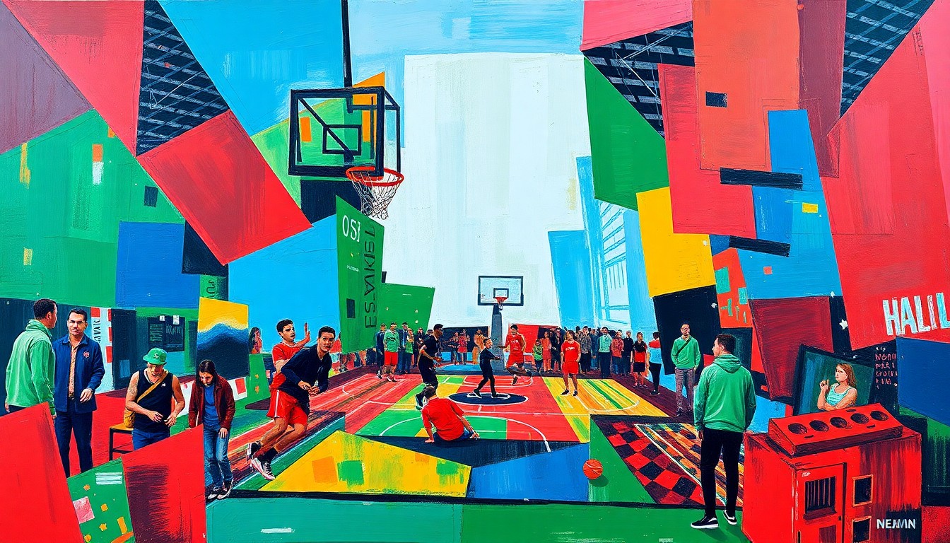 A fragmented, geometric painting depicting a basketball player in motion, with sharp planes of color and overlapping perspectives.