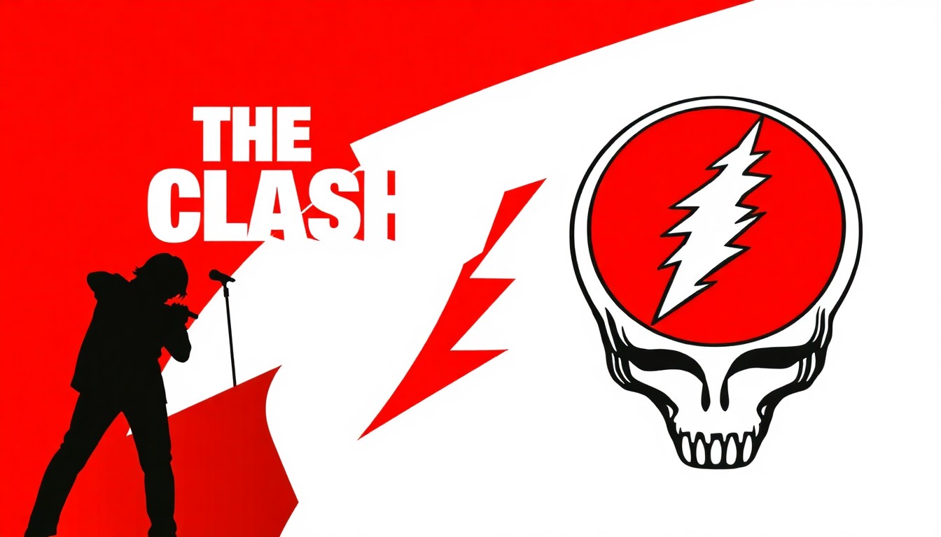 A striking abstract composition of jagged, overlapping shapes in bold red, white, and black, conceptually representing the unexpected connection between the punk rock of The Clash and the psychedelic rock of the Grateful Dead.