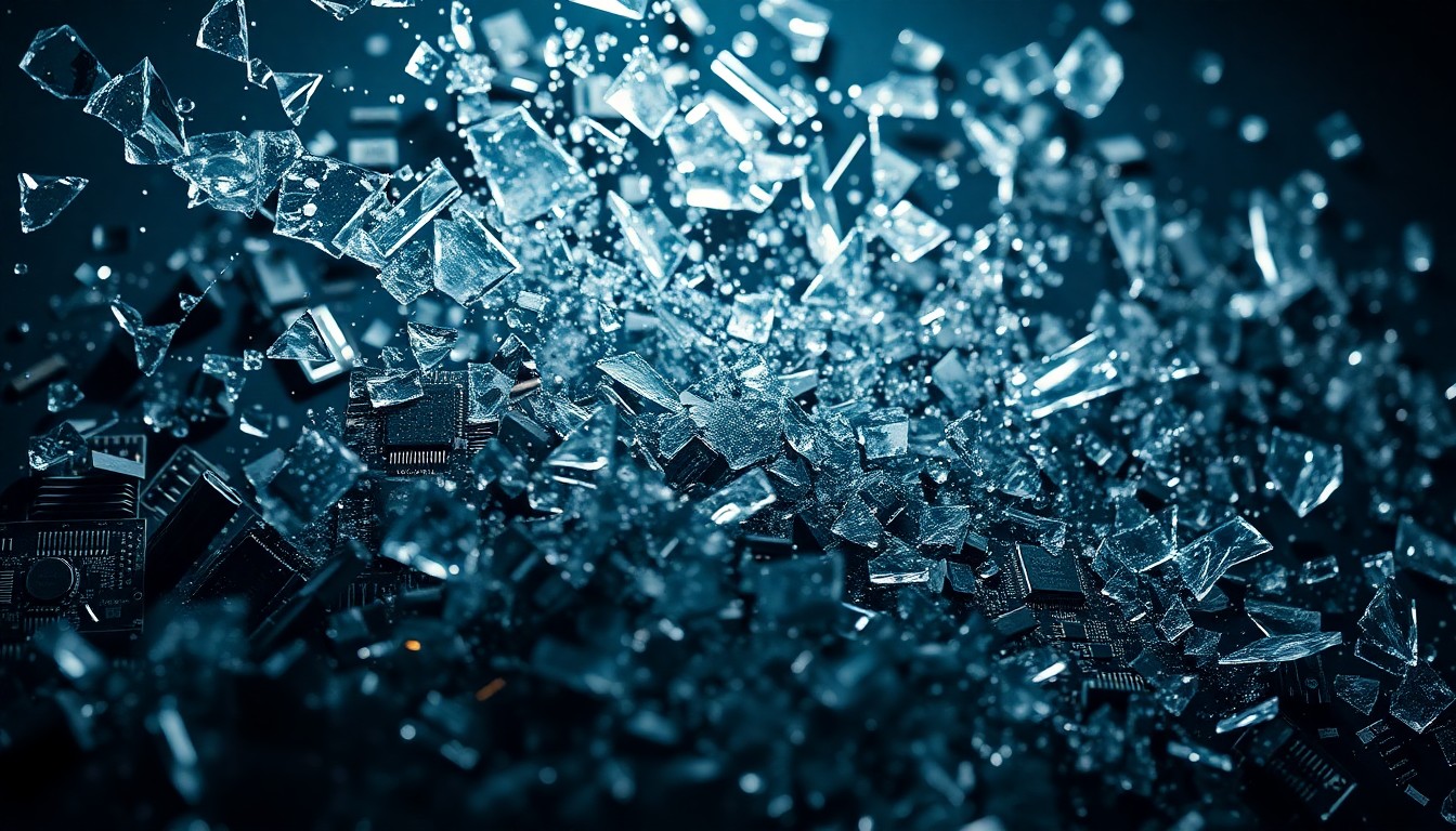 An abstract close-up image featuring shattered glass and digital circuit boards in dramatic, high-contrast lighting, conveying the fragility and surveillance of contemporary digital existence.