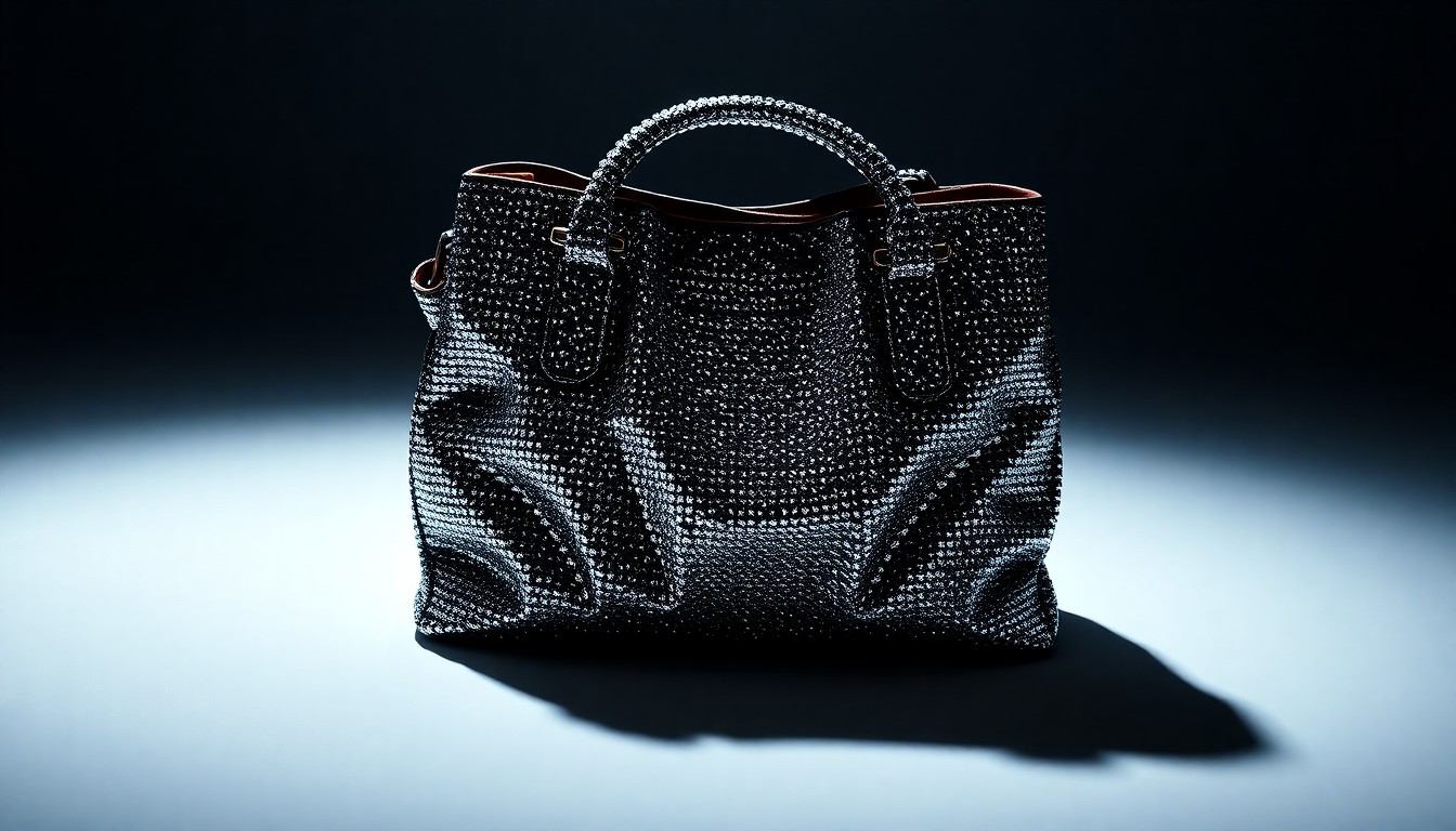 An extreme close-up photograph of a black Balenciaga Le Cagole bag, its luxurious leather texture captured in dramatic, high-contrast lighting, conceptually representing the fusion of punk and glam in North West's festival style.