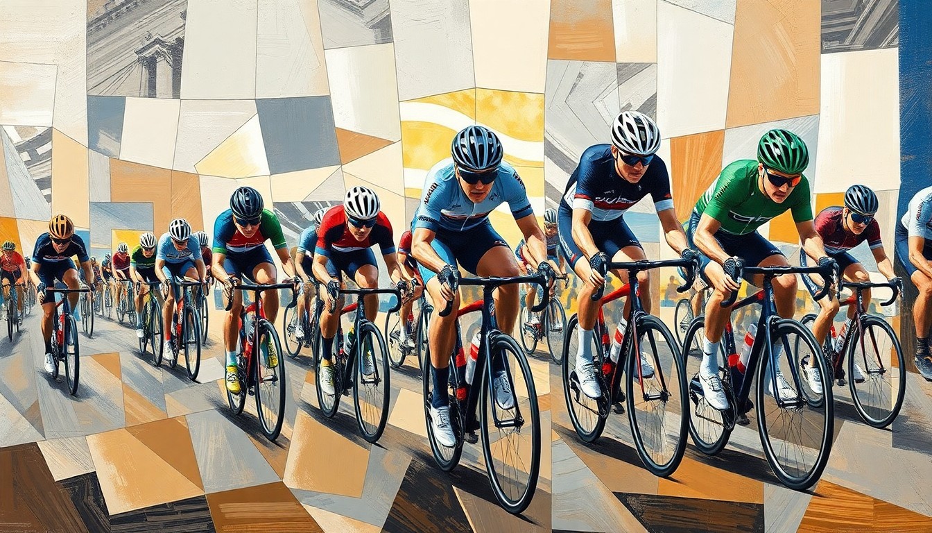 A fragmented, geometric painting depicting a cycling race or competition, with sharp, overlapping planes of color and form representing the technical and strategic factors at play.