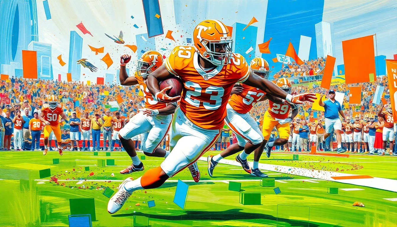 A cubist, geometric painting depicting a Tennessee football player breaking through a defender and sprinting downfield, with sharp, overlapping planes of orange, white, and blue colors representing the dynamic action.