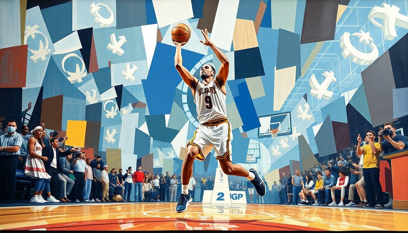 A fragmented, geometric painting depicting the fluid motions and energy of a basketball player in action, without any identifiable features or branding, conveying the conceptual drama of college basketball.