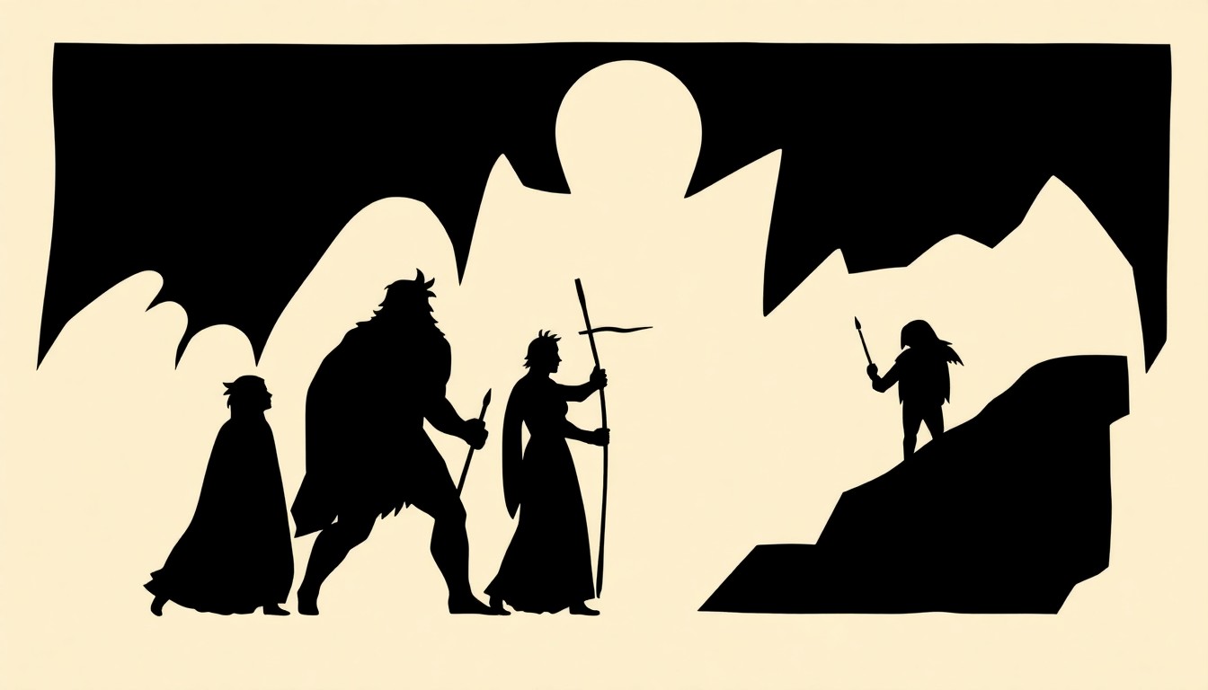 A striking, abstract illustration featuring bold, jagged geometric shapes in deep red and black, conceptually representing the mythological themes and musical elements of the 'Hadestown' production without any literal imagery.