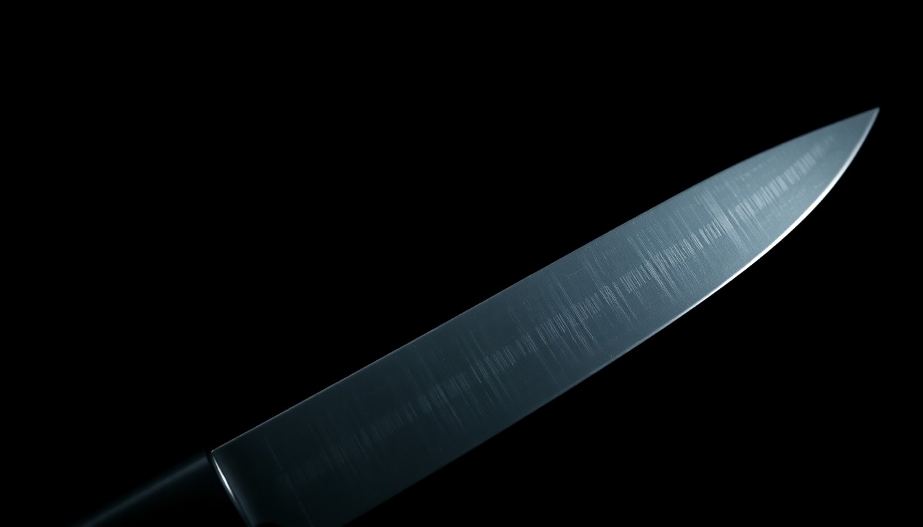 An extreme close-up photograph of a machete blade against a pitch-black background, capturing the sharp, metallic details and dramatic lighting to conceptually illustrate the violent nature of the subway attack.