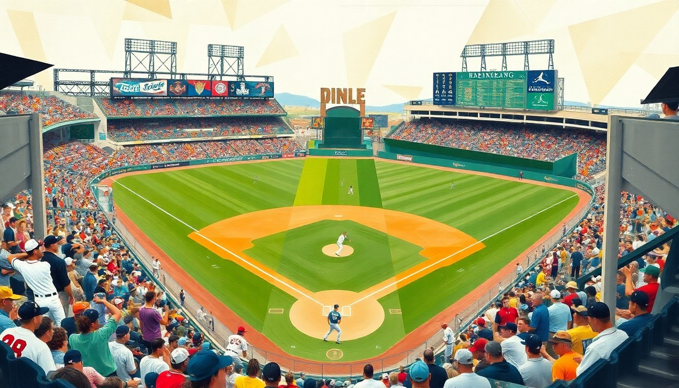 A cubist, geometric painting depicting a baseball game or competition, with the players and field broken down into abstract shapes and planes of color, capturing the dynamic energy and shifting perspectives of the sport.