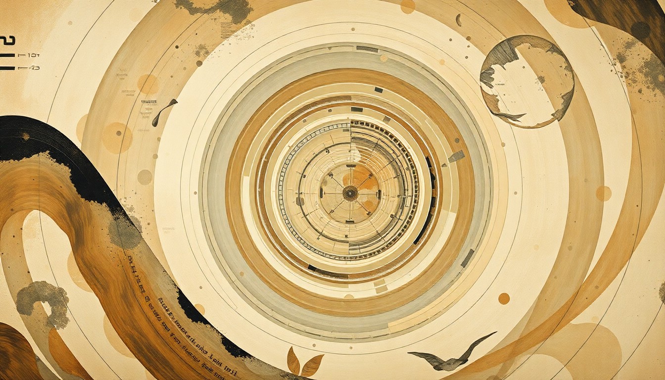 A highly structured, abstract painting in earthy tones featuring sweeping geometric arcs, concentric circles, and precise spirals, conceptually representing the complex forces and concepts of space exploration.